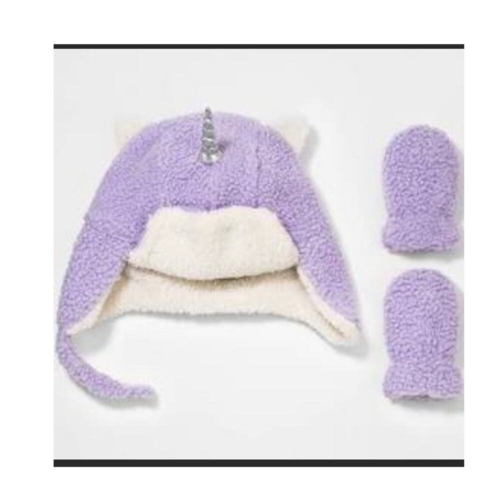 Cat & Jack Girls Baby Unicorn Beanie Purple Fleece Ear Flaps 6-12 Months New